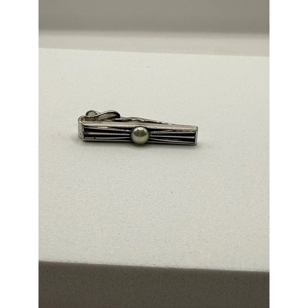 Swank Vintage Tie Clip Set Silver Tone Faux Pearl‎ Art Deco Rope Mid Century 2pc